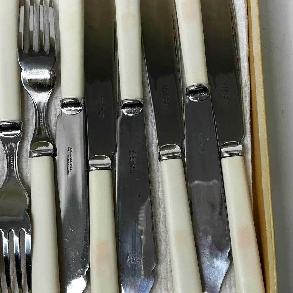 Fish Cutlery‎ Knives and Forks 6 Set Boxed Stainless Steel England Vintage